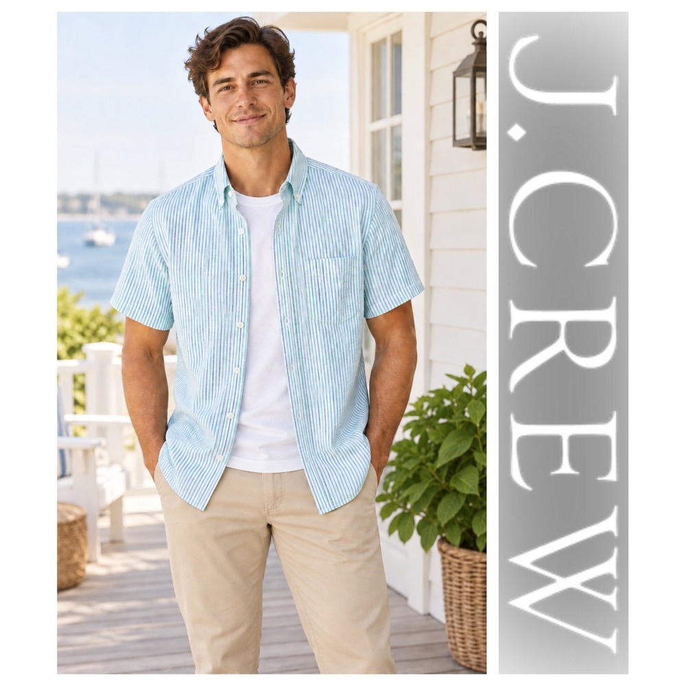 J. Crew Men's Short-Sleeve Organic Cotton Seersucker Striped Shirt S NWT $90